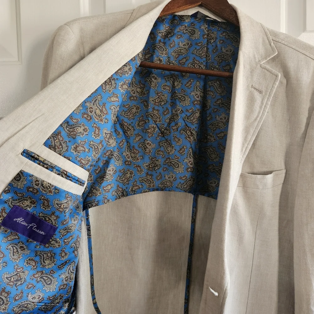 Alan Flusser Mens Blazer Sport coat L Linen Blend Unstructured Beige Lightweight